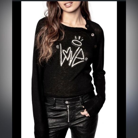 Zadig & Voltaire Women’s S Love Graphic Studded Sweater Black 100% Cashmere Goth - Picture 1 of 9